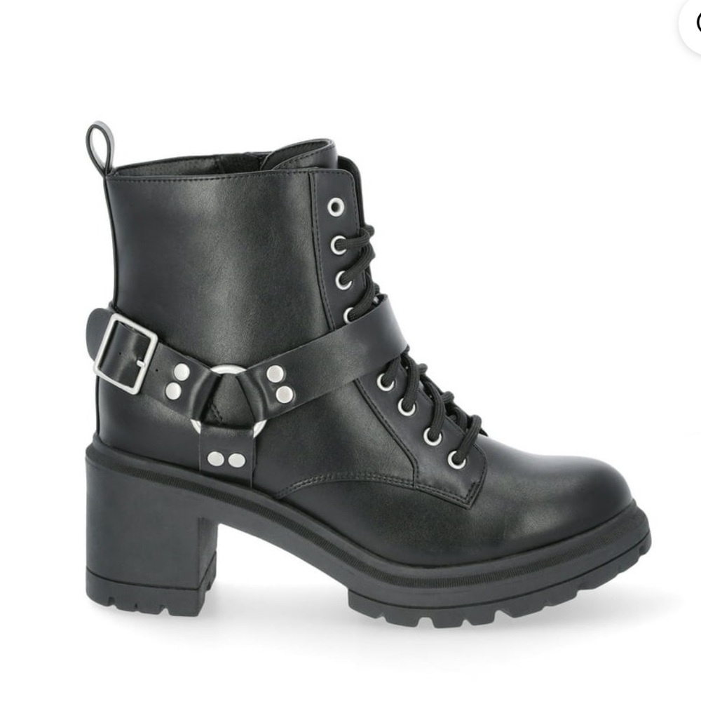 Black Women's Lace-Up Buckle Combat Boots Size 9